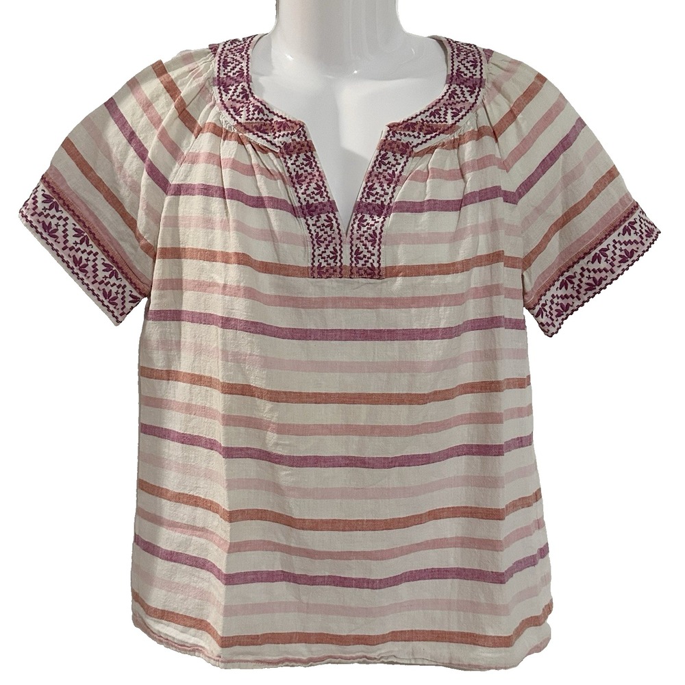 Vineyard Vines Shirt Womens  S Stripe Linen Cotton Blend Embroidered V Neck